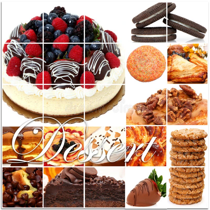 Dessert collage including cakes, fruit, pies, pastry, cookies and more over white. Dessert collage including cakes, fruit, pies, pastry, cookies and more over white.