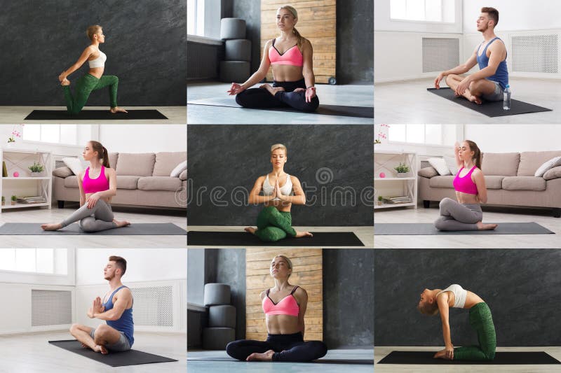 Collage del giovane e delle donne che praticano yoga immagini stock libere da diritti Collage del giovane e delle donne che praticano yoga immagini stock libere da diritti