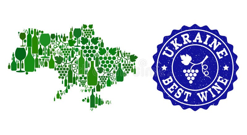Collage del mapa del vino de la uva de Ucrania y del mejor sello del Grunge del vino. Collage del vector del mapa del vino de Ucrania y de la mejor filigrana del grunge del vino de la uva Mapa del collage de Ucrania formado con los manojos de las botellas y de las bayas de la uva