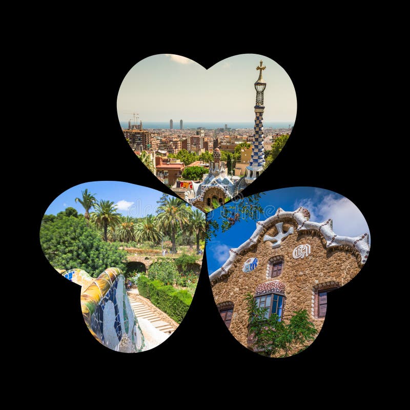 Collage del parque Guell en Barcelona, España fotos de archivo libres de regalías