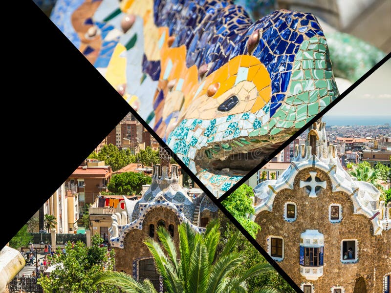 Collage del parque Guell en Barcelona, España imagen de archivo