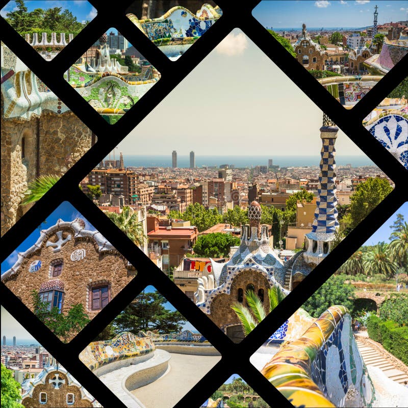 Collage del parque Guell en Barcelona, España fotos de archivo libres de regalías