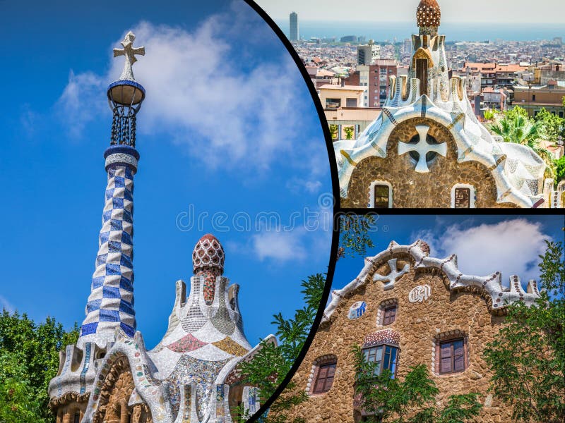 Collage del parque Guell en Barcelona, España fotografía de archivo