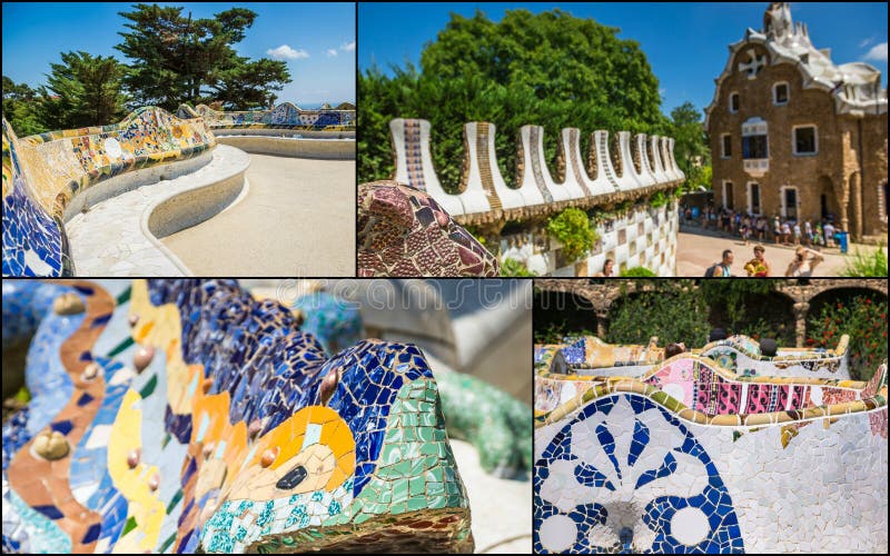 Collage del parque Guell en Barcelona, España imagenes de archivo