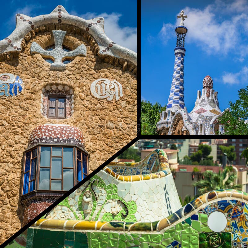 Collage del parque Guell en Barcelona, España imagen de archivo libre de regalías