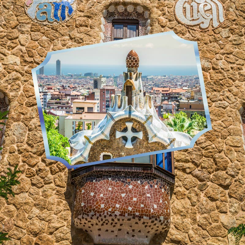 Collage del parque Guell en Barcelona, España imagen de archivo libre de regalías