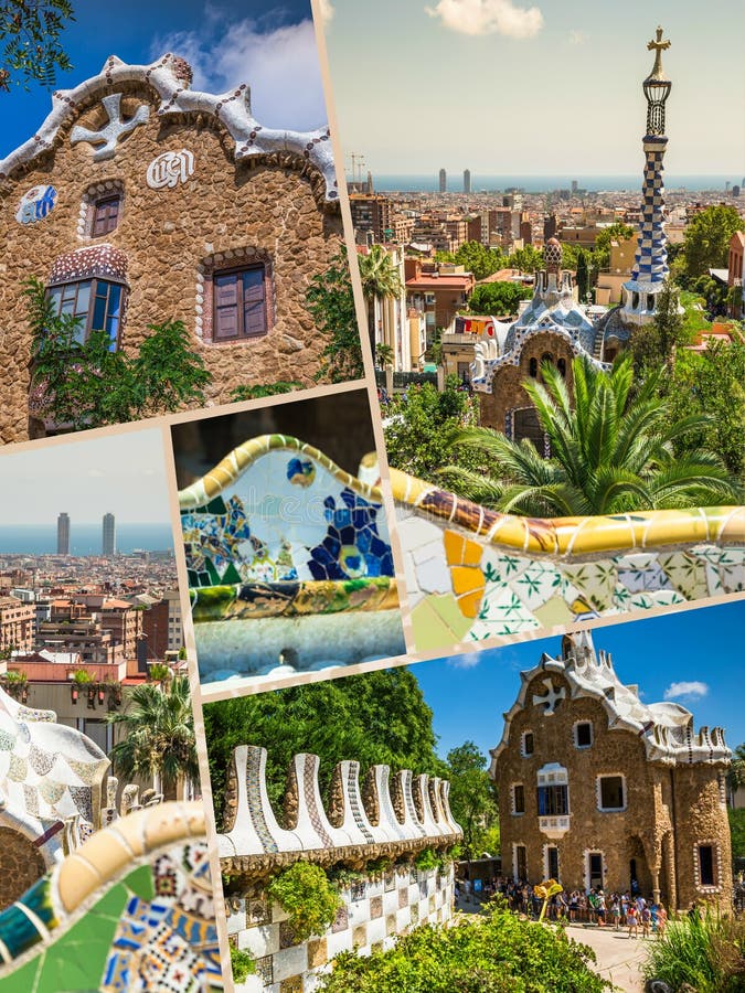 Collage del parque Guell en Barcelona, España fotos de archivo libres de regalías