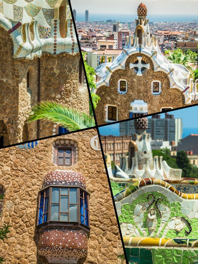 Collage del parque Guell en Barcelona, España imagen de archivo libre de regalías