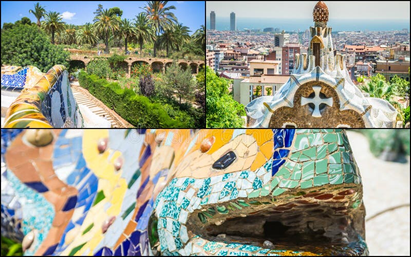 Collage del parque Guell en Barcelona, España imágenes de archivo libres de regalías
