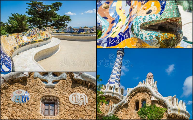 Collage del parque Guell en Barcelona, España fotografía de archivo libre de regalías
