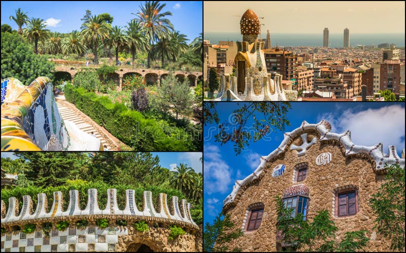 Collage del parque Guell en Barcelona, España imagen de archivo libre de regalías