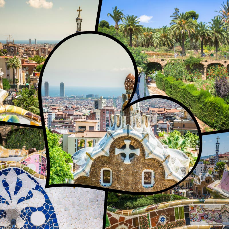Collage del parque Guell en Barcelona, España foto de archivo libre de regalías