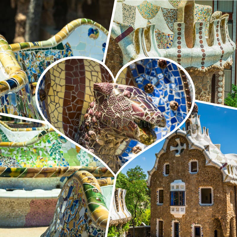 Collage del parque Guell en Barcelona, España imágenes de archivo libres de regalías