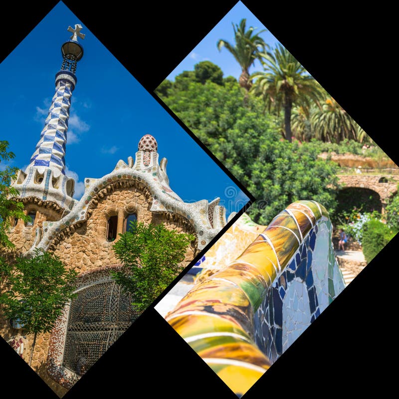 Collage del parque Guell en Barcelona, España imágenes de archivo libres de regalías