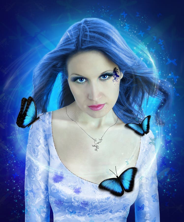 Night butterfly woman collage on blue color. Night butterfly woman collage on blue color