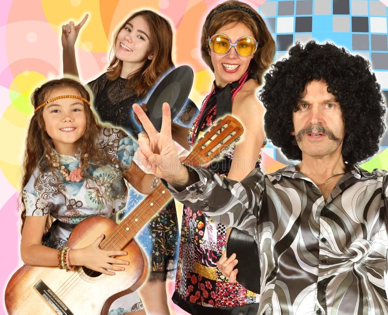 Collage della famiglia vestito nello stile della discoteca immagini stock Collage della famiglia vestito nello stile della discoteca immagini stock