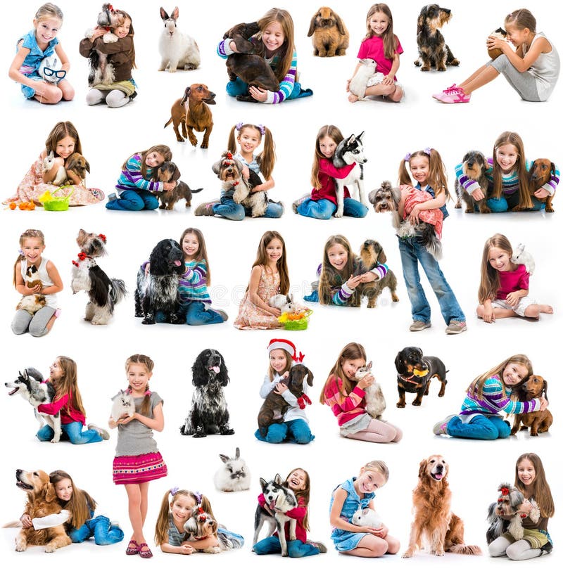 Collage della foto di una ragazza con il cane ed il coniglio fotografia stock libera da diritti Collage della foto di una ragazza con il cane ed il coniglio fotografia stock libera da diritti