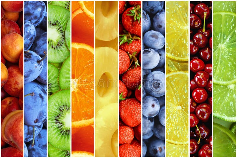 Collage della frutta fresca di estate sotto forma di bande verticali fotografie stock libere da diritti Collage della frutta fresca di estate sotto forma di bande verticali fotografie stock libere da diritti