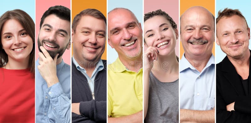 Collage della gente differente che ha buon umore, sorridendo, guardando sicuro e felice