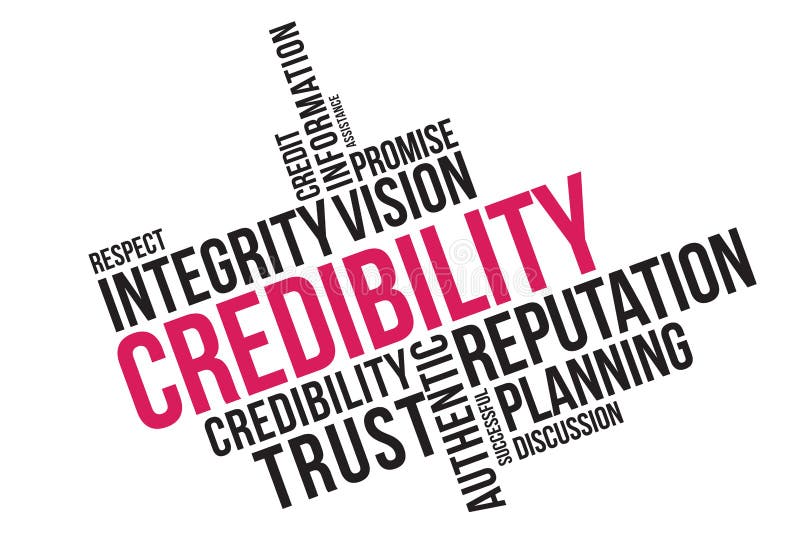 Collage della nuvola di parola di credibilità, fondo di concetto di affari Concetto di credibilità, di reputazione e di fiducia