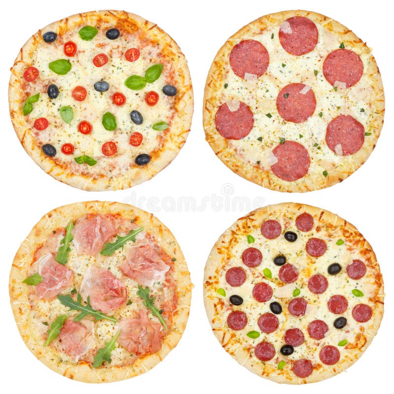 Collage della raccolta delle pizze della pizza da sopra isolato su bianco immagine stock Collage della raccolta delle pizze della pizza da sopra isolato su bianco immagine stock