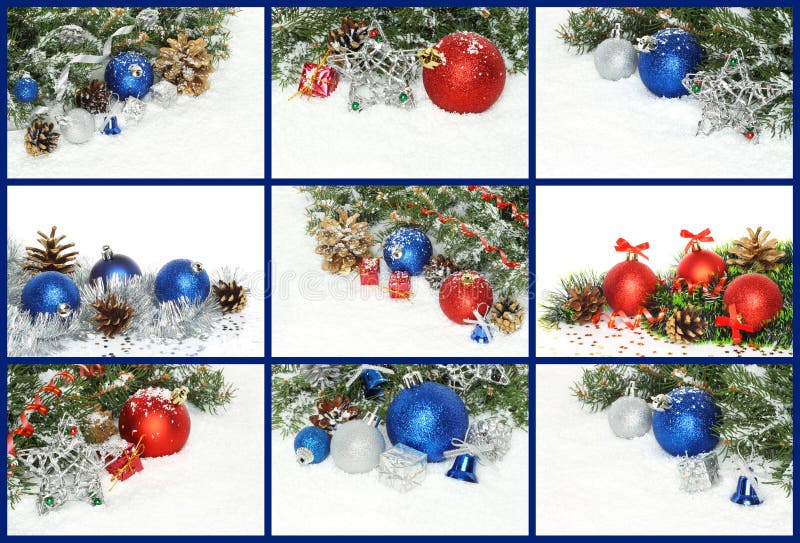 Collage delle composizioni di Natale con le decorazioni, presente e immagine stock Collage delle composizioni di Natale con le decorazioni, presente e immagine stock