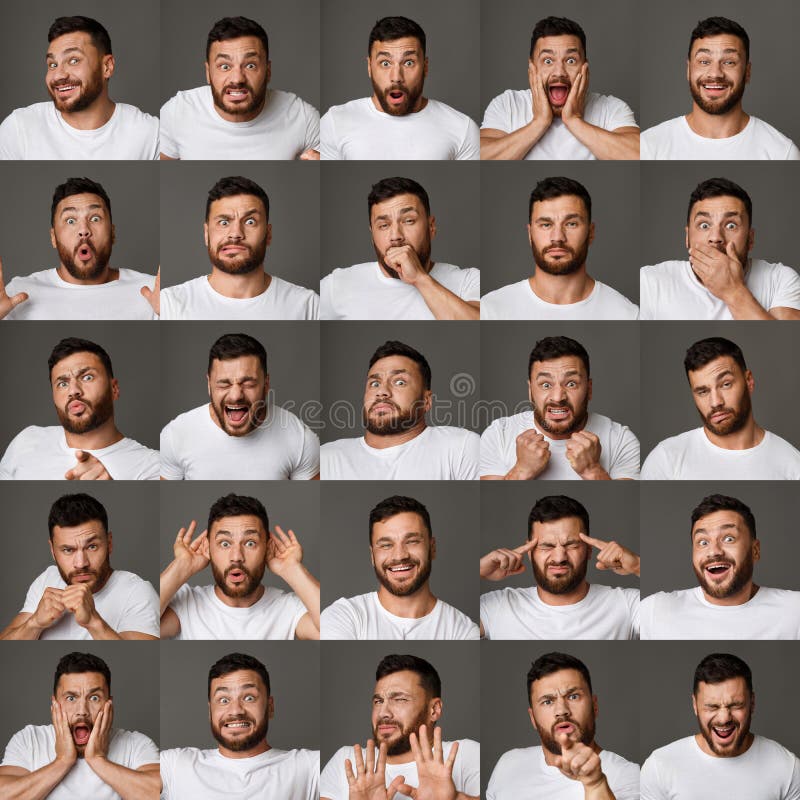 Collage delle espressioni e delle emozioni del giovane