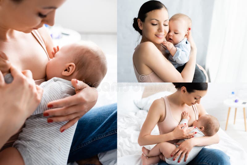 Collage der glücklichen Mutter zu stillen. stockfoto