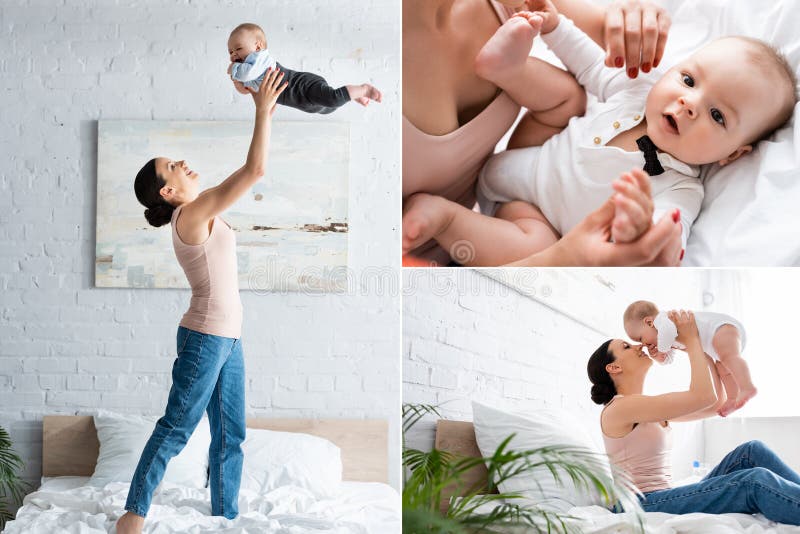 Collage der Mutter dem Jeanshalten stockfotos