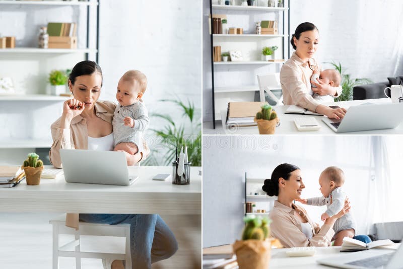 Collage der Mutter Zusammenarbeit vom Haus stockbilder
