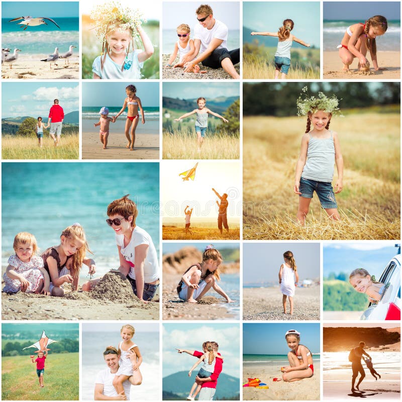 Collage des vacances d'été de photos avec sa famille photo stock