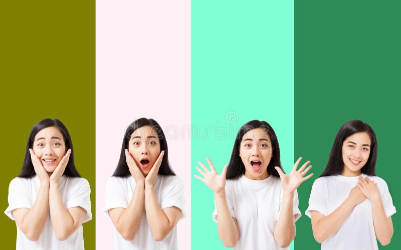 Collage des überraschten entsetzten aufgeregten asiatischen Frauengesichtes lokalisiert auf buntem Hintergrund Junges asiatisches lizenzfreies stockfoto Collage des überraschten entsetzten aufgeregten asiatischen Frauengesichtes lokalisiert auf buntem Hintergrund Junges asiatisches lizenzfreies stockfoto