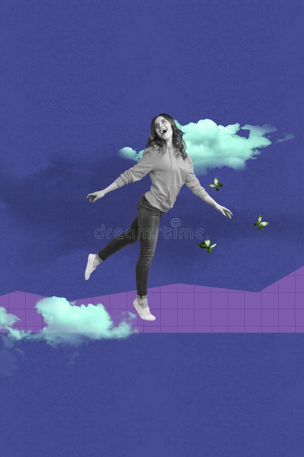 Collage di allegre allegria tra farfalle e nuvole che rappresentano l'atmosfera primaverile o estiva immagini stock libere da diritti