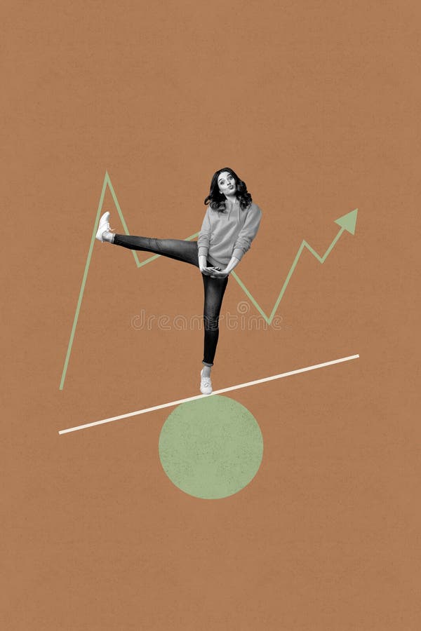 Collage di disegno di poster della figura geometria di bilanciamento persona con frecce su sfondo marrone immagini stock