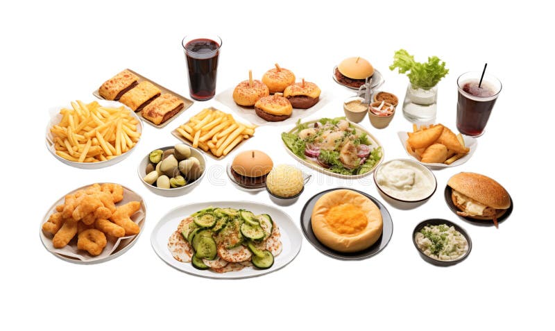 Collage di diversi tipi di fast food isolati su uno sfondo trasparente illustrazione di stock