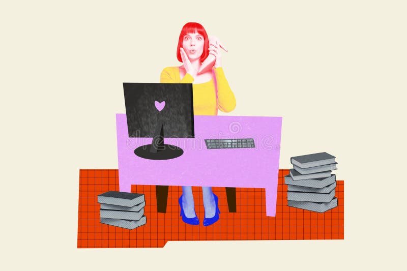 Collage di foto immagine sedute donna dipendente ufficio computer postazione lavoro impilamento libri letteratura lettore bibliote fotografie stock libere da diritti