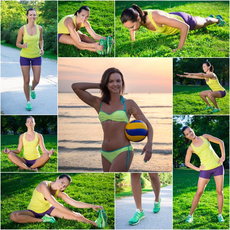 Collage di giovane bella donna sportiva esile che fa exe differente immagini stock Collage di giovane bella donna sportiva esile che fa exe differente immagini stock