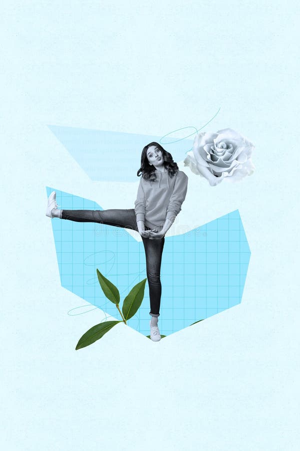 Collage di giovani eleganti circondati da fiori foglie verdi e elementi geometrici di fondo astratti fotografia stock libera da diritti
