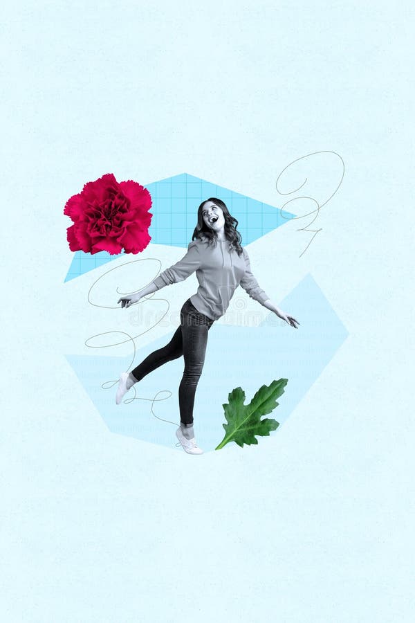 Collage di giovani eleganti circondati da fiori foglie verdi e elementi geometrici di fondo astratti fotografia stock
