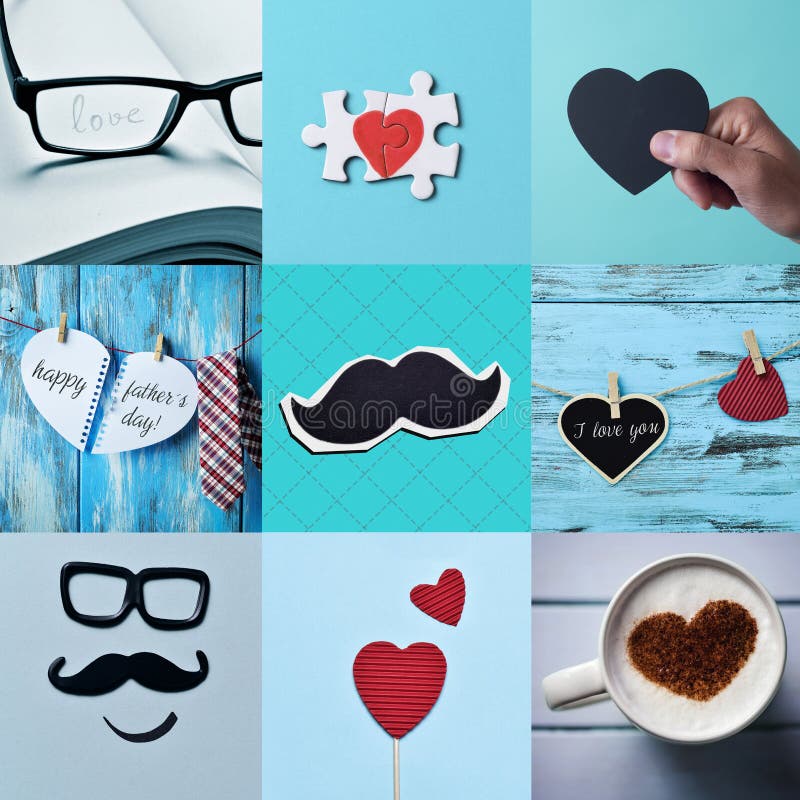 A collage of nine different blue toned pictures of fake moustaches, hearts, and different messages for fathers day. A collage of nine different blue toned pictures of fake moustaches, hearts, and different messages for fathers day