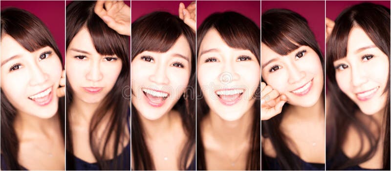 Collage with different emotions in same asian young woman