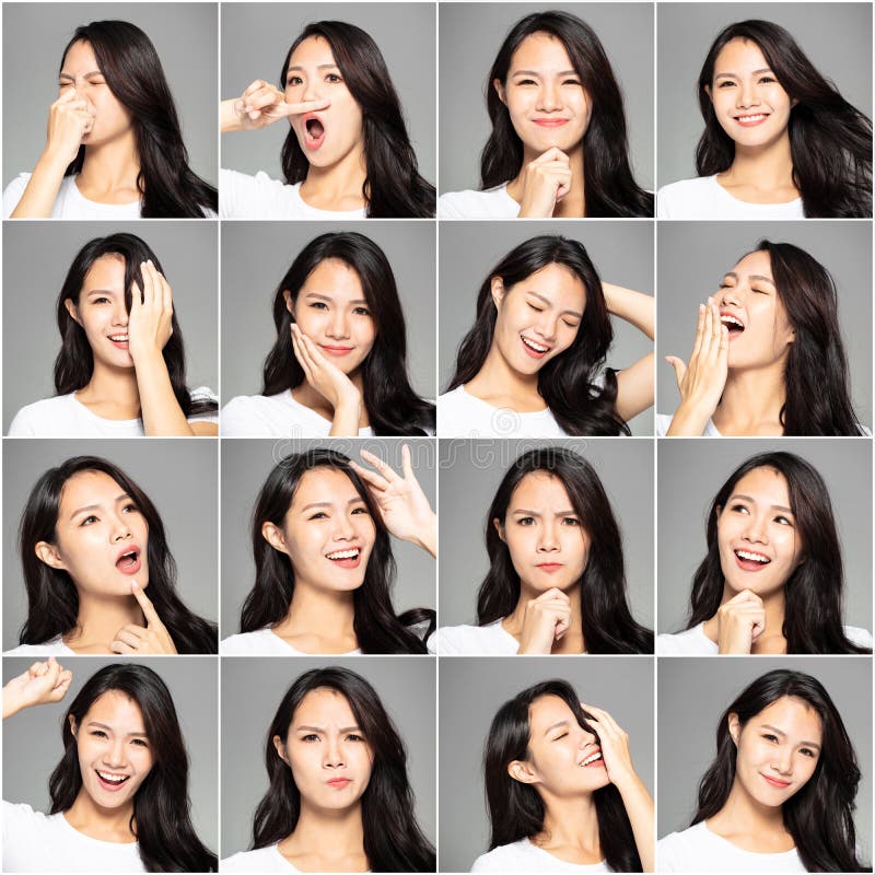 Collage with different emotions in same young asian woman