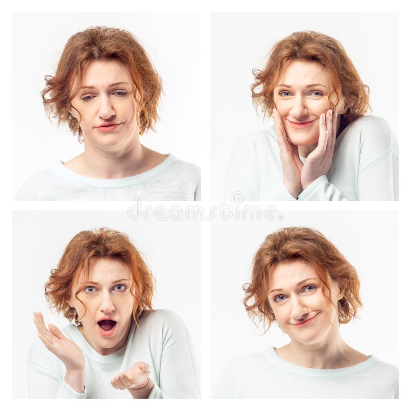 Collage of the same adult woman making different expressions. Studio shot. royalty free stock photography Collage of the same adult woman making different expressions. Studio shot. royalty free stock photography