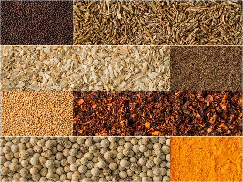 Collage of different herbs and spices background.