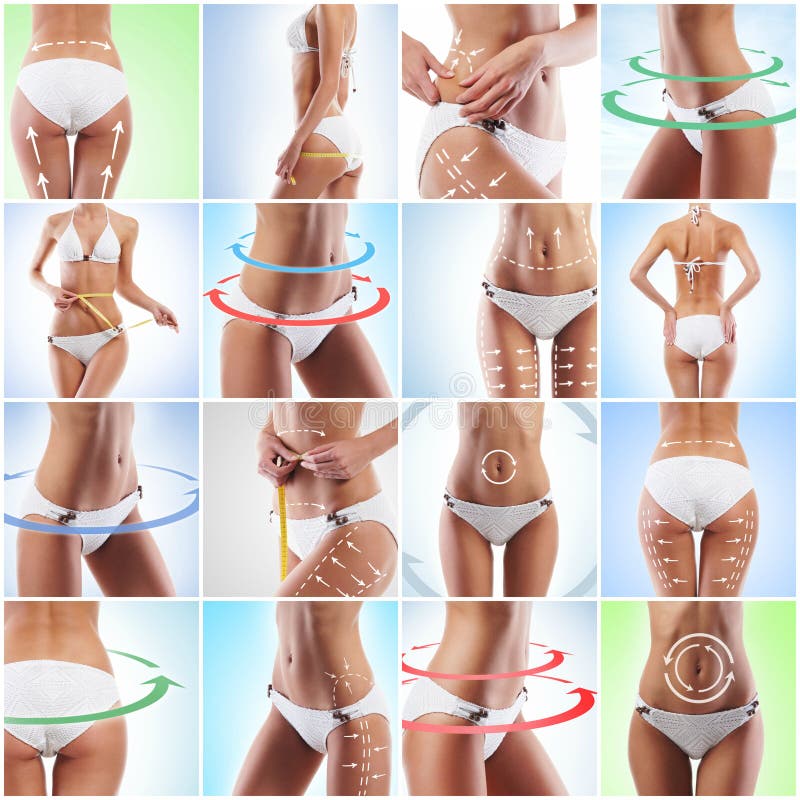 Collage of different photos of female body with drawing arrows. Athletic, food.
