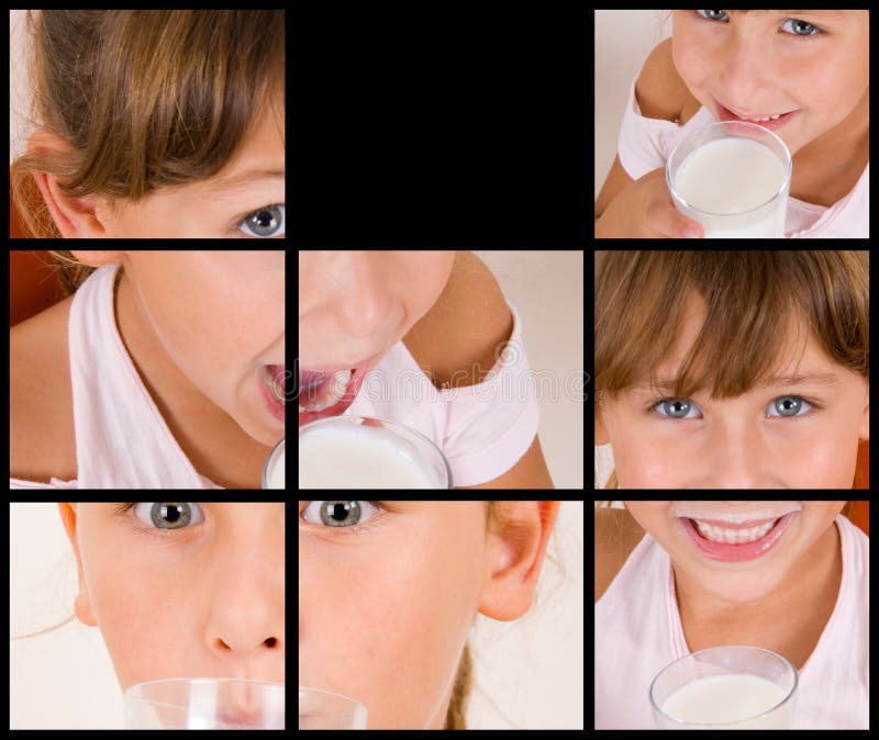 Collage of different poses of girl drinking milk