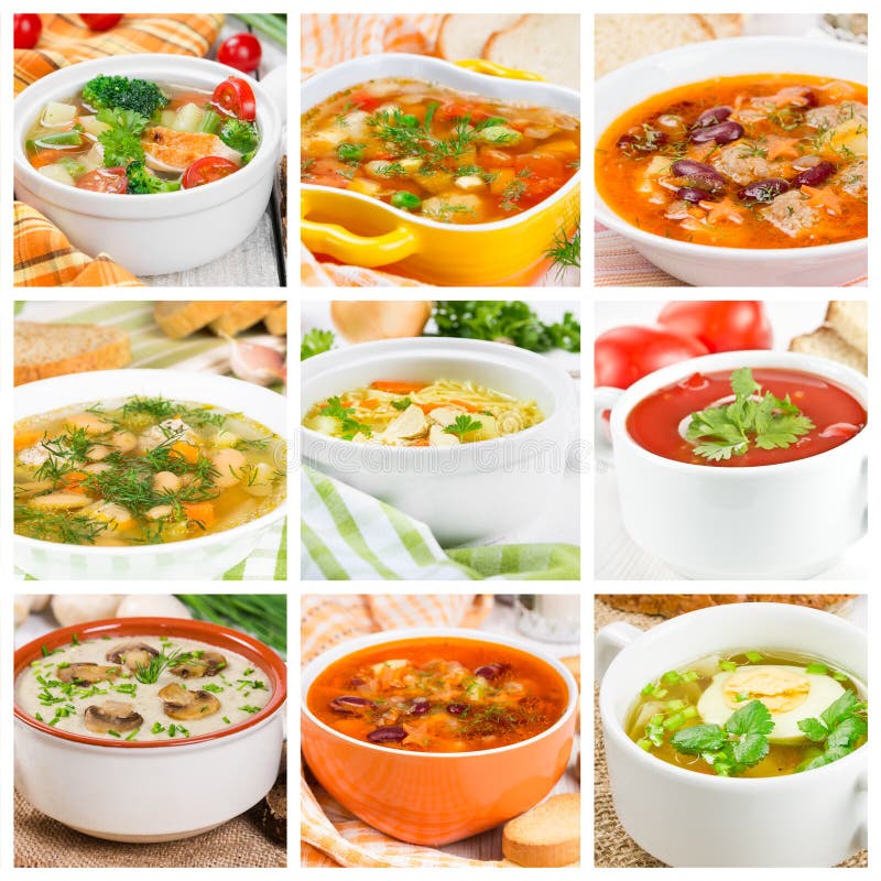 Collage of different soups stock photo