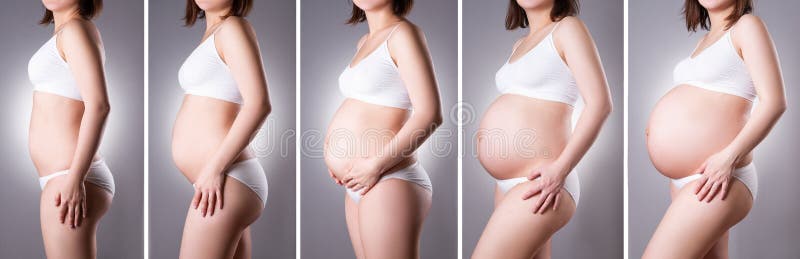 Collage of different stages of pregnancy, pregnant woman in white underwear on gray background