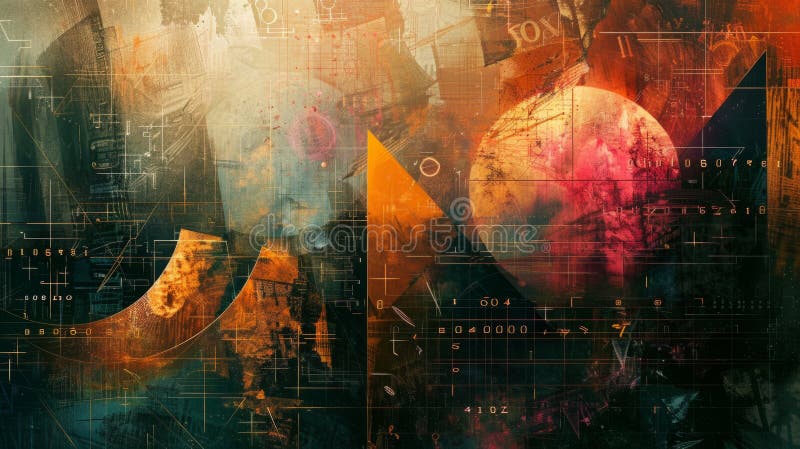 Collage digitale astratto con forme geometriche vibranti granulometriche e elementi numerici su sfondo scuro royalty illustrazione gratis
