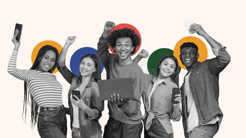 Collage of Diverse Young Adults Celebrating and Using Technology in a Cheerful Setting royalty free stock photos